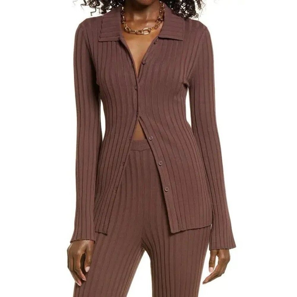 Open Edit Ribbed Button-Up Cardigan Chocolate Brown Size XXS